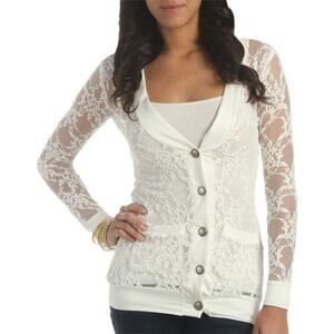 Wet Seal Cream Lace Button Cardigan Sheer Floral Long Sleeve Women’s Small Y2K